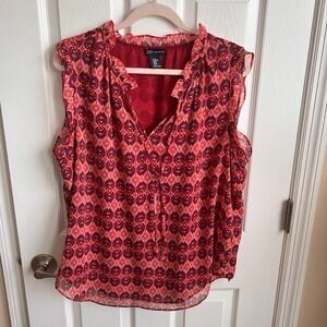 JNY Jones New York Sleeveless Blouse Ruffle‎ Neckline Geometric Print XL